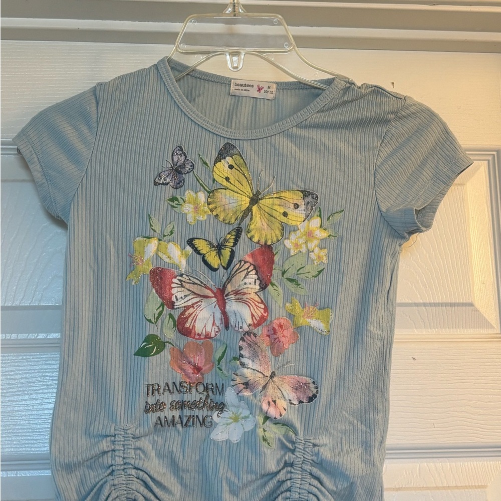 Beautees Light Blue Butterfly & Floral Short Sleeve Tee